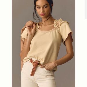 Anthropologie Pilcro Eyelet Ruffle Tee Top Sand Lace Flutter Sleeve Size Small S
